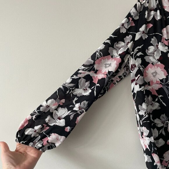 Joie Caviar Odette Silk Floral Print V-Neck Long Sleeve Blouse Black XS - Picture 4 of 7